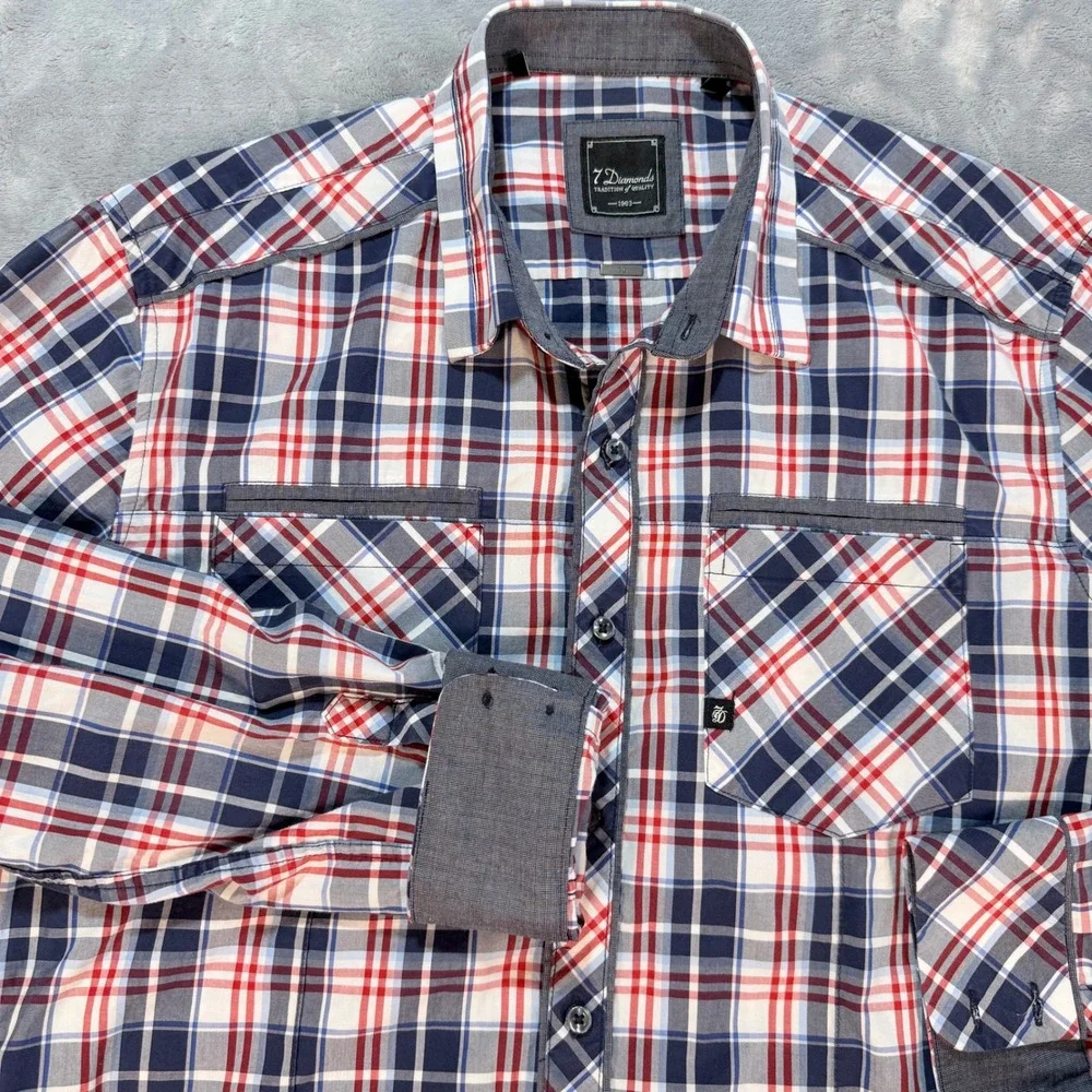 7 Diamonds Plaid Button Down Shirt Men's Large Red Blue White Long Sleeve Casual